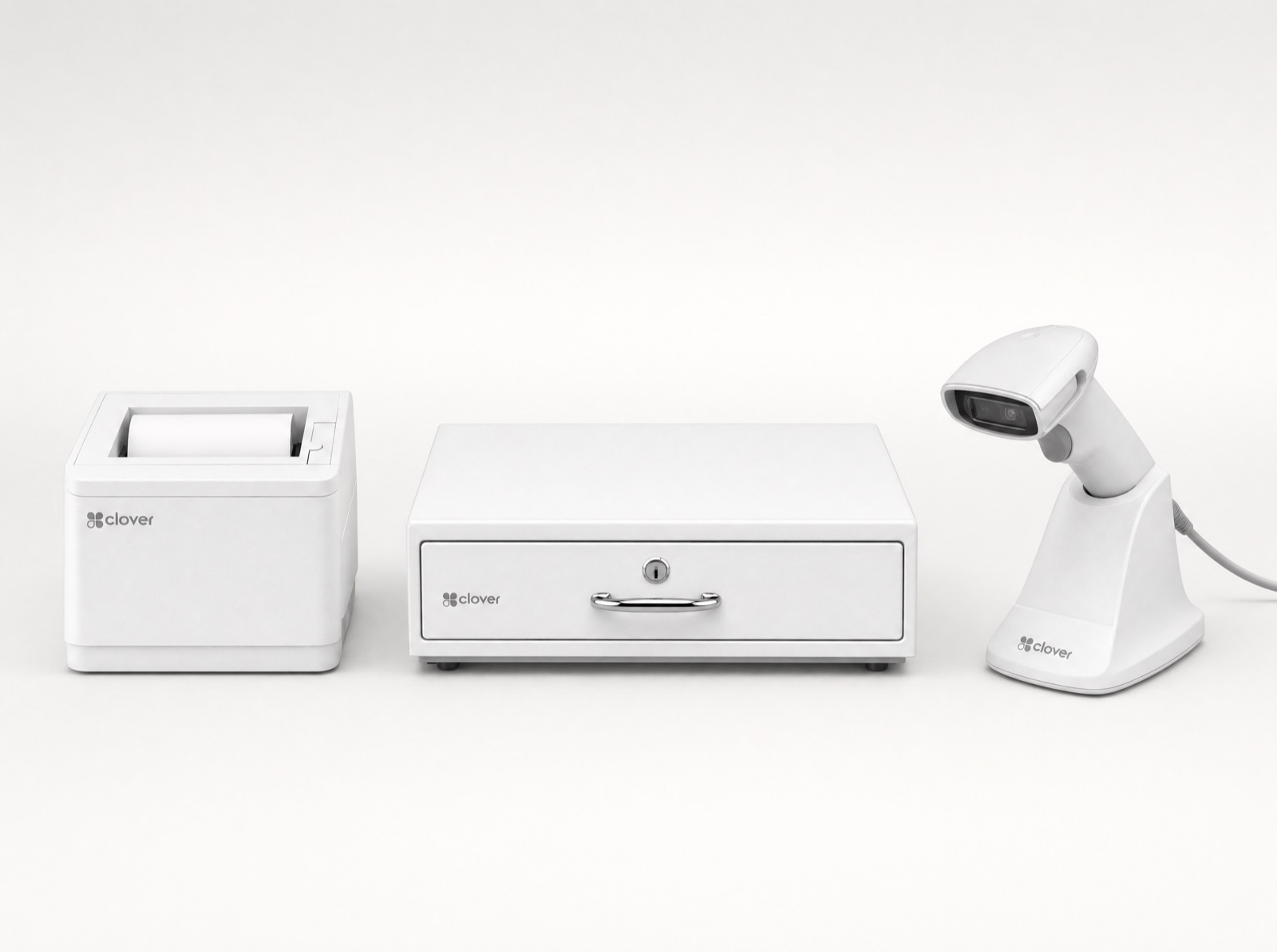 White Clover accessories: receipt printer, cash drawer and barcode scanner