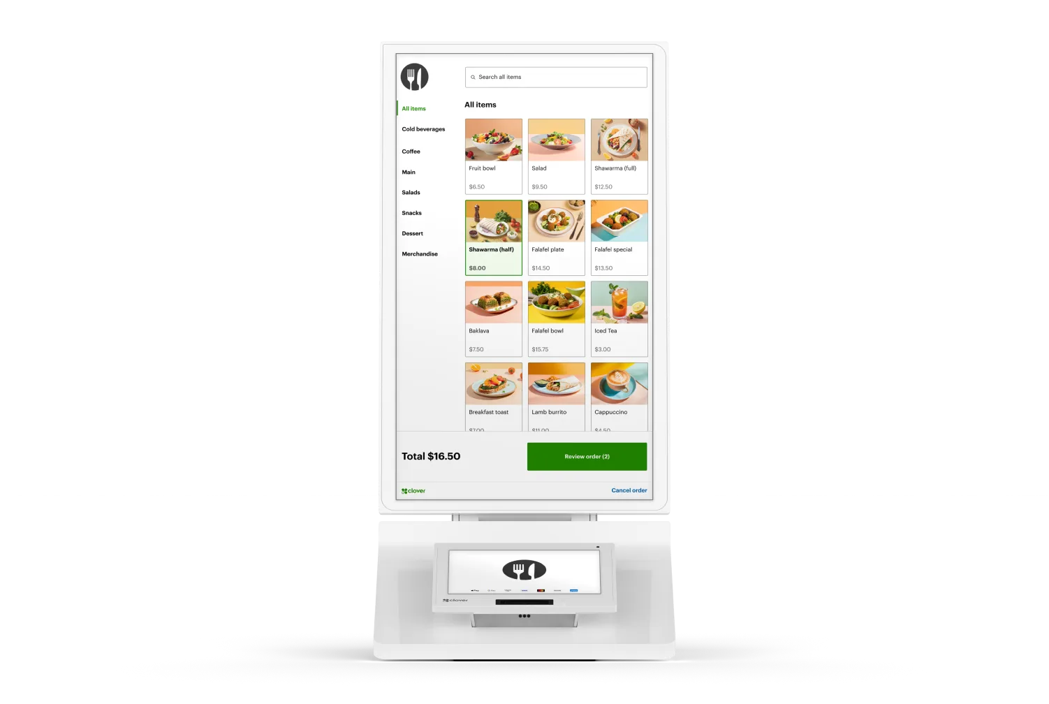 Borne libre-service Clover Kiosk avec écran de commande interactif