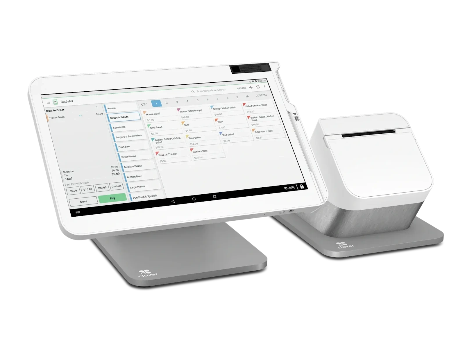 Clover Station point-of-sale system with register screen and receipt printer