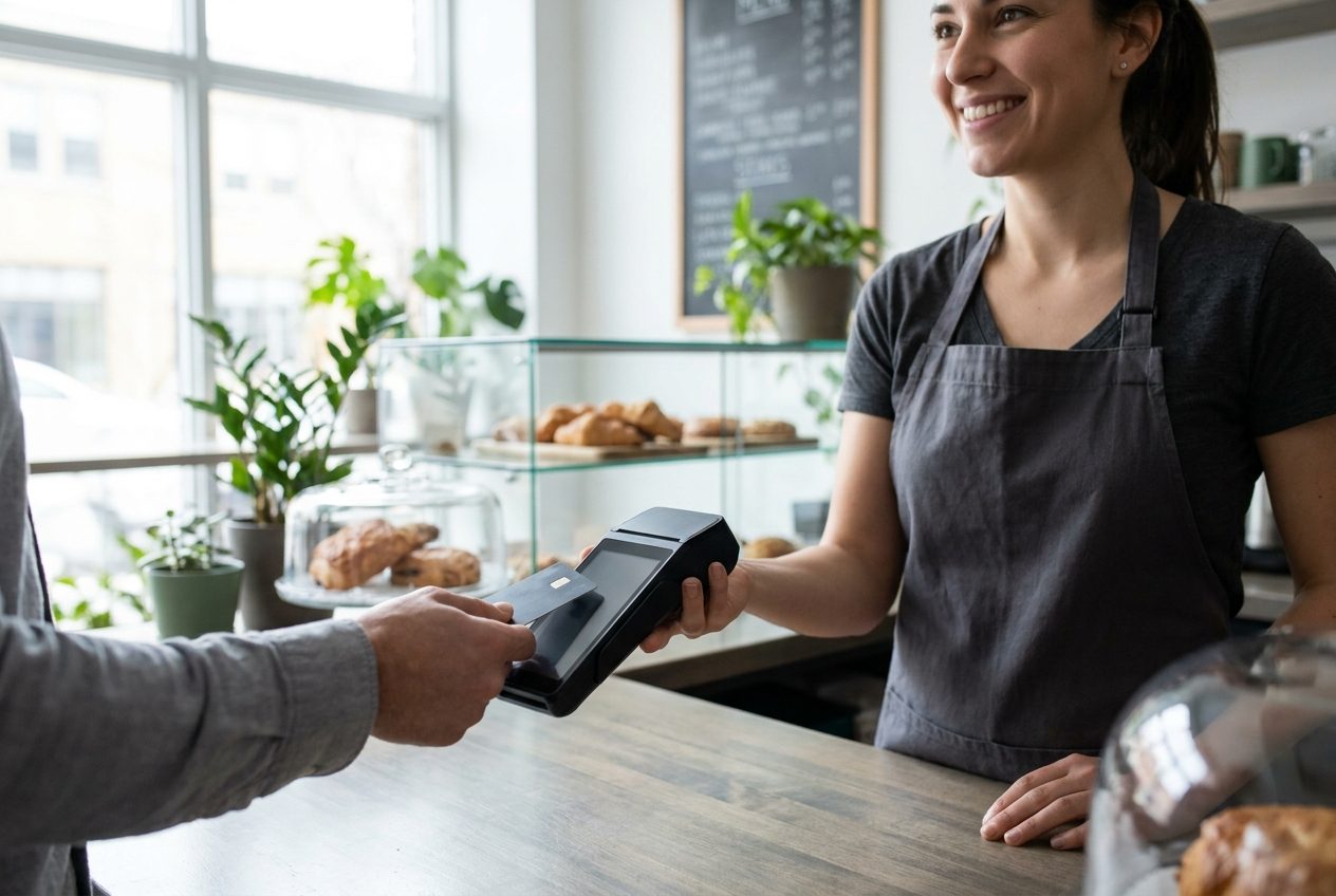 Terminal de paiement Clover Flex utilisé à la table dans un café