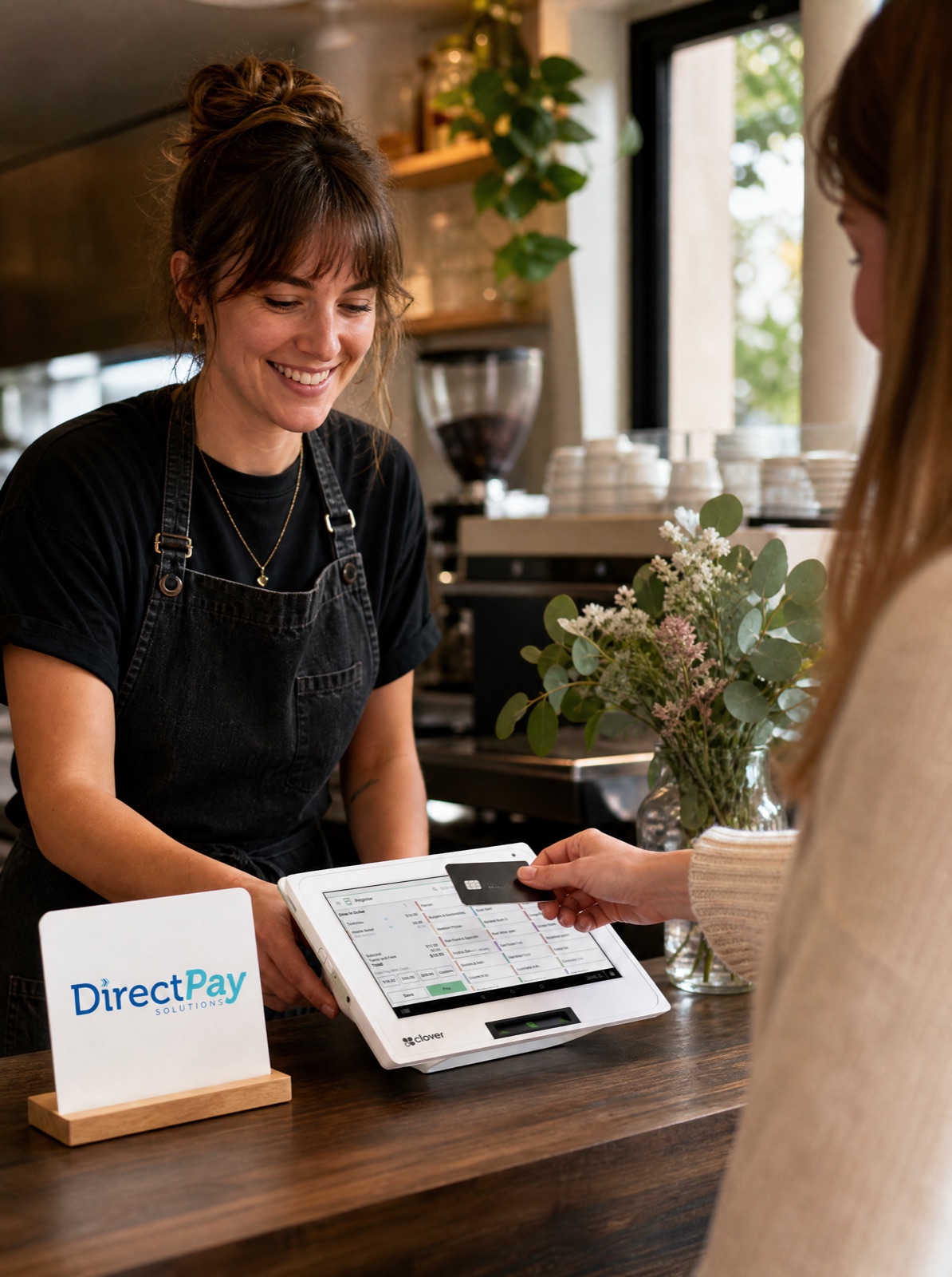 Paiement au comptoir d'un café avec un terminal de paiement Clover Flex