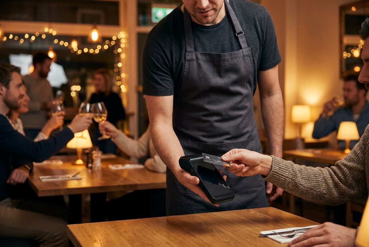 Serveur de restaurant encaissant un paiement par carte à la table avec un terminal Clover
